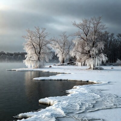 Frosty Trees by Icy Lakeshore