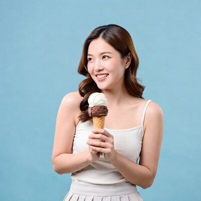 Asian woman holding vanilla chocolate ice cream cone