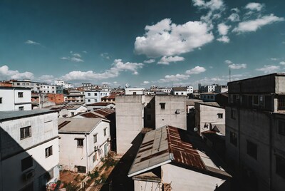 Aerial view of urban rooftops and buildings