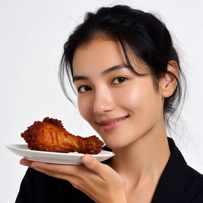 Asian woman holding fried chicken leg