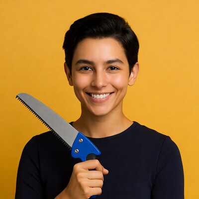 Woman holding blue-handled saw