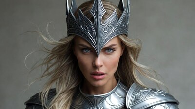 Blonde woman in silver crown and armor