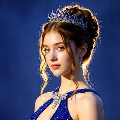 Woman wearing blue crown and gown