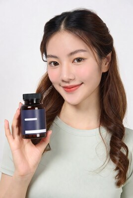 Asian woman holding supplement bottle