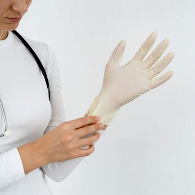 Doctor putting on latex glove