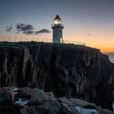 Lighthouse on Cliff at Sunset