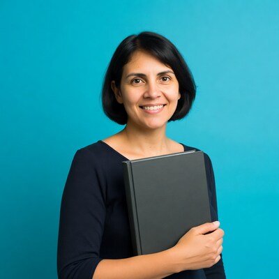 Smiling Latina woman holding book