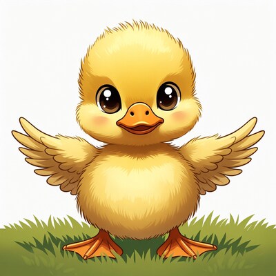 Cute baby duck flapping wings on grass