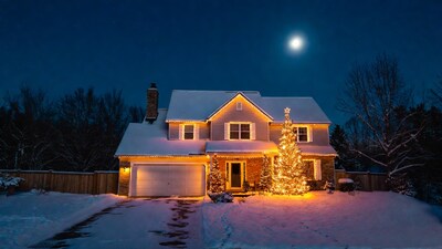 Christmas Lights House in Snowy Night