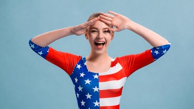 Woman in American flag top making heart eyes