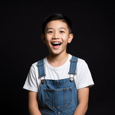 Asian boy smiling in denim overalls