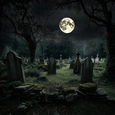 Moonlit Cemetery with Gravestones