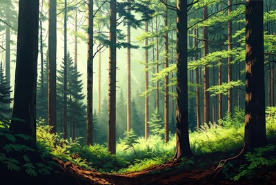 Sunlit Forest Path with Tall Trees