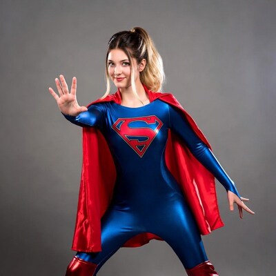 Woman in Supergirl costume posing