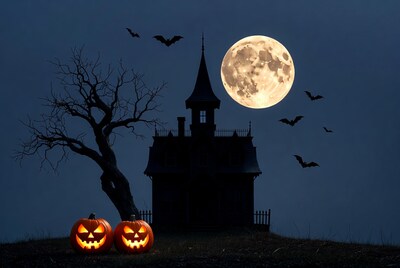 Haunted house with jack o lanterns