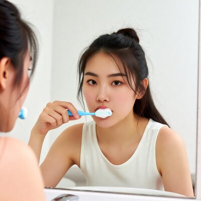 Asian woman brushing teeth in mirror