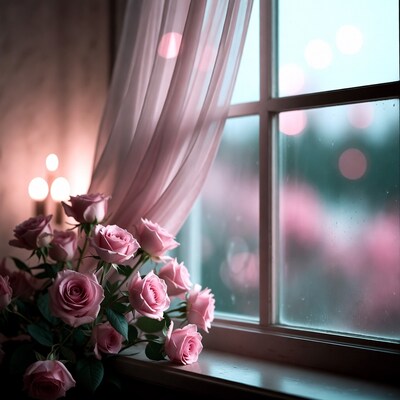 Pink roses by window with sheer curtains