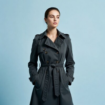 Woman in gray trench coat
