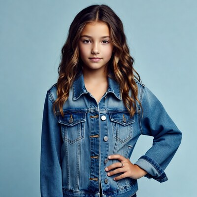 Girl in denim jacket on blue background