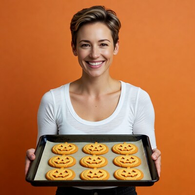 Woman holding Halloween pumpkin cookies