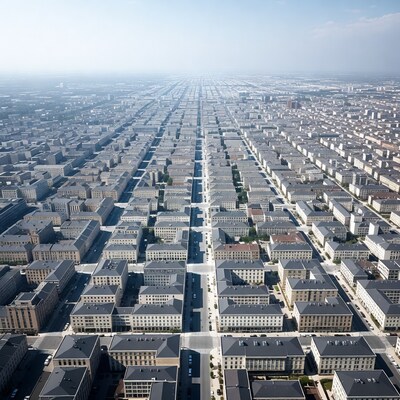 Aerial view of grid city blocks
