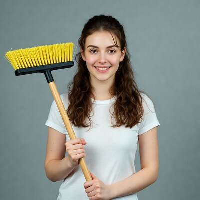 Smiling woman holding yellow broom