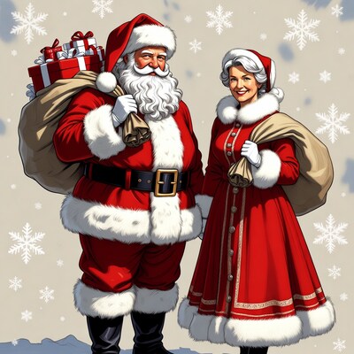 Santa Claus and Mrs Claus with gift bags
