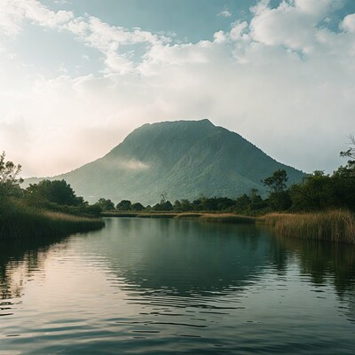 Mountain reflecting in calm river
