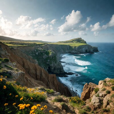 Cliff Coastline with Green Hills and Ocean