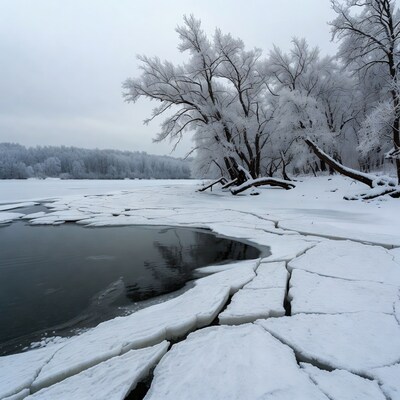 Frosty Trees by Frozen Lake