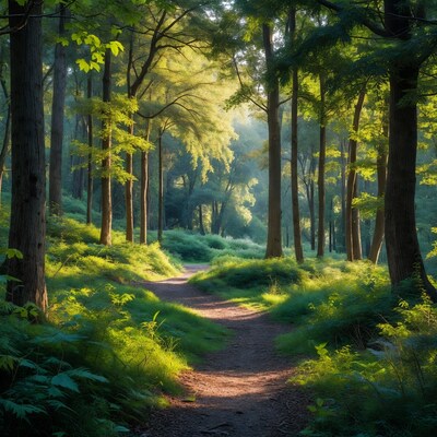 Sunlit Forest Path Through Green Trees