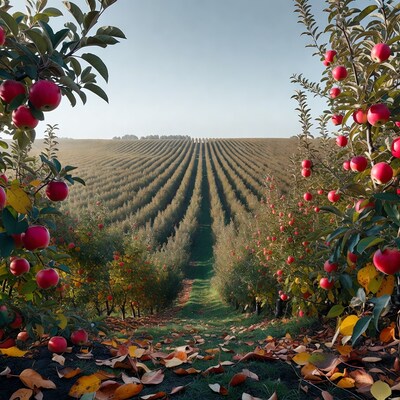 Apple Orchard Rows with Red Apples