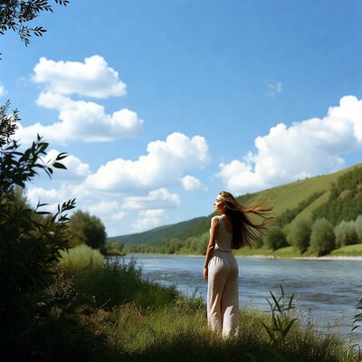Woman in beige outfit by river