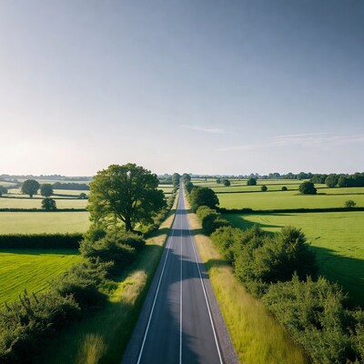 Straight road through green fields