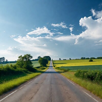 Country road through green yellow fields