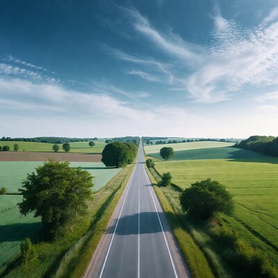 Aerial view straight road farmland