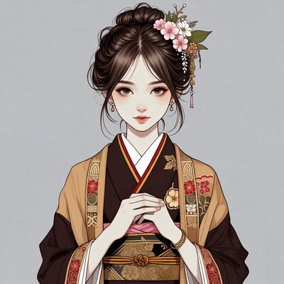 Asian woman in kimono with flowers