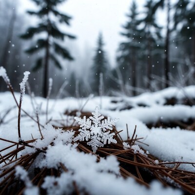 Snowflake on pine needles in snowy forest