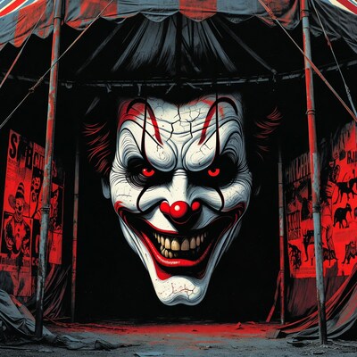 Sinister Clown Face in Circus Tent Entrance