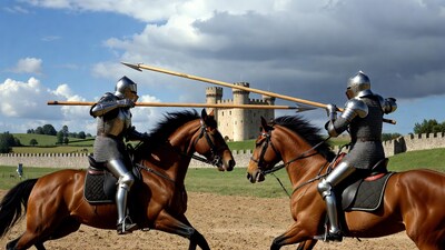 Knights Jousting on Horses Near Castle