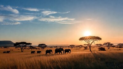 Elephants walking savanna sunset