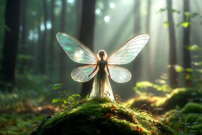 Fairy with translucent wings on mossy rock