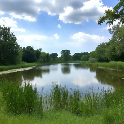 Serene Pond with Reeds and Trees