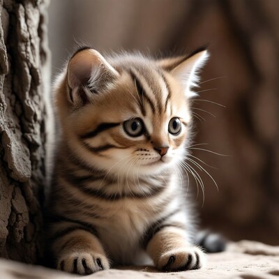 Tabby Kitten Peeking from Tree Bark