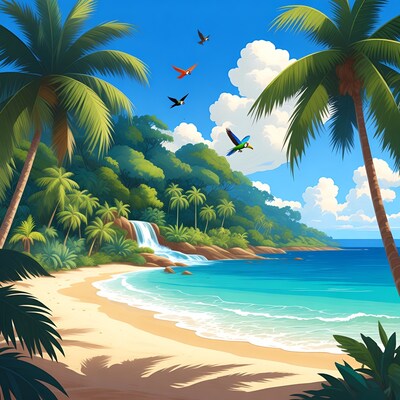 Tropical Beach with Waterfall and Parrots
