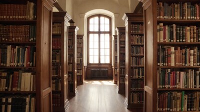Library Aisle with Bookshelves and Window