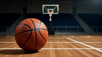 Basketball on court near hoop