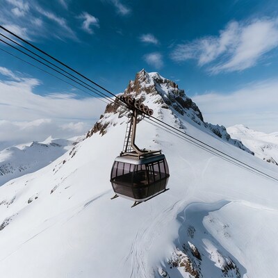 Aerial tramway over snowy mountains