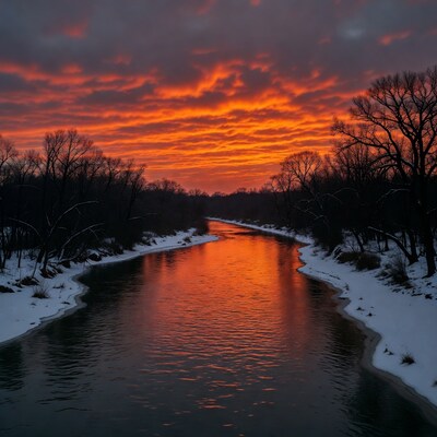 Winter River Sunset with Snowy Banks