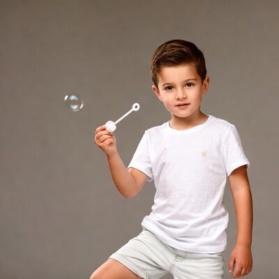 Boy blowing soap bubbles